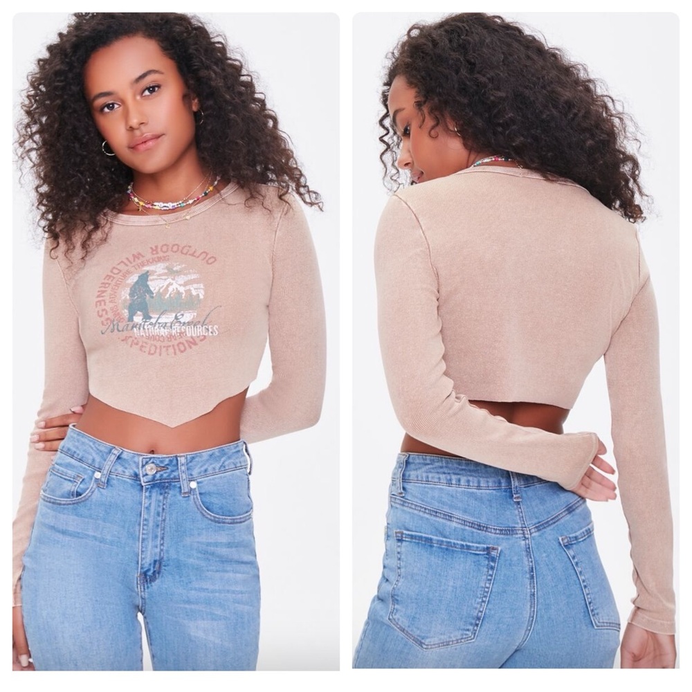 NWT Forever 21 Cotton Ribbed Curved Hem Outdoor Graphic Crop Top Tan Small